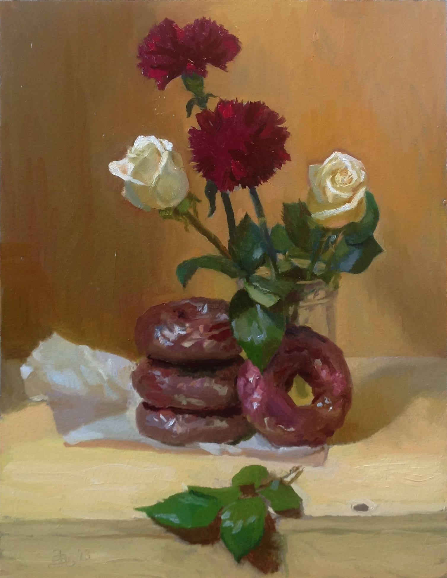 Red Velvet Donuts, Roses and Carnations
14x11 inches oil on panel 2013